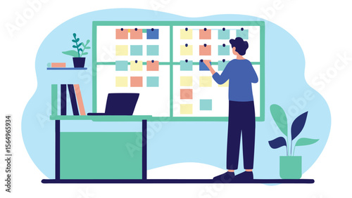 Person organizing sticky notes on a board in an office setting with desk and plant decoration visible