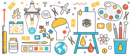 Digital art technology and marketing. Abstract artist product launch with easel tools, global market research and equipment, startup rocket in infographic concept banner, thin line art design