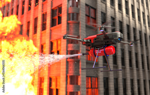 Firefighting drone extinguishing a building fire, Rescue drone. 3D illustration