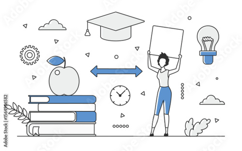 Gaining knowledge in educational process. Learning materials and studies program vector monocolor illustration