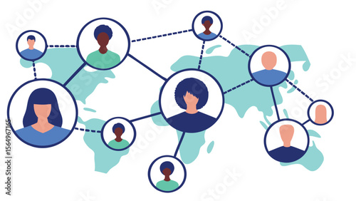 Diverse network of people connected by lines over a world map demonstrating global communication reach