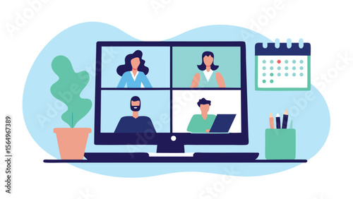 Illustration of a desktop computer showing a video conference with four participants and office elements nearby