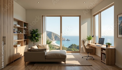 Modern living room with large windows and panoramic ocean view. The space features a cozy sofa, a minimalist desk setup, indoor plants, and wooden interior decor. Perfect for remote work and relax.