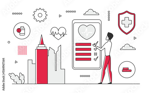 Patient health monitoring and body analysis. Tracking heart rate variability phone application vector monocolor illustration