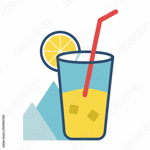 Sketch glass of lemonade on the rocks with a straw drink icon on white background.
