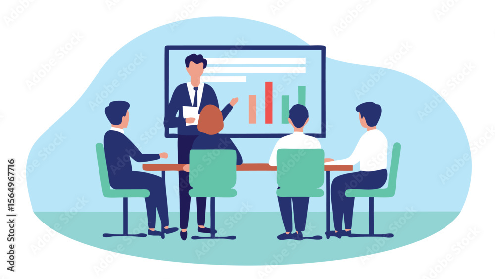 A business presentation with a presenter and four attendees in a conference room setting shown on screen A business presentation with a presenter and four attendees in a conference room setting shown on screen