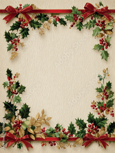 Vintage vector Christmas card design with holly, berries, and red ribbons.