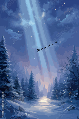 vector Santa's sleigh soars across the night sky above a snow-covered forest on Christmas Eve.