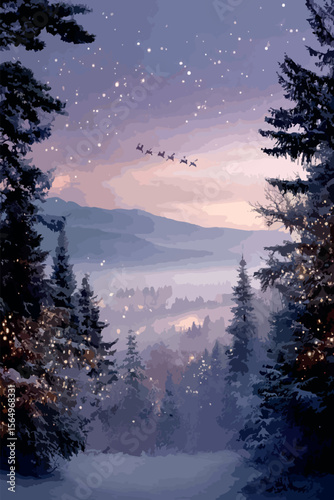 Christmas night scene with vector Santa's sleigh flying over a snowy forest.