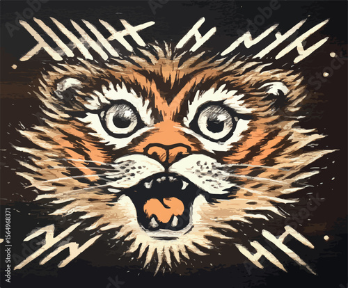 A bold vector illustration of a tiger face with a vintage aesthetic and intense eyes, roaring fiercely.