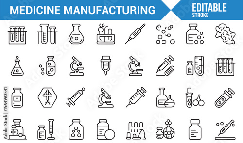 Pharmaceutical Manufacturing Icons Including Lab Vials, Syringes, and Medicine Bottles for Healthcare Design
