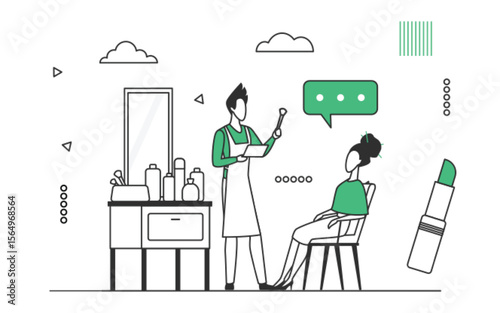 Lady sitting in professional makeup beauty salon. Facial cosmetic treatments and face care vector monocolor illustration