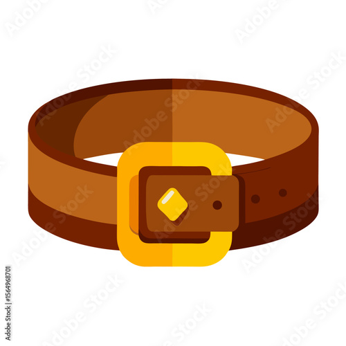 Cartoon classic brown leather belt with golden buckle vector icon on white background.