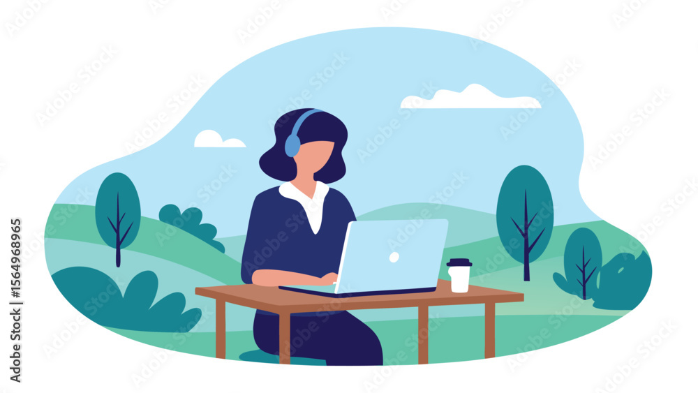 Obraz premium Illustration of a woman with headphones working on a laptop outdoors with trees and a coffee cup