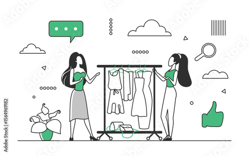 Trendy and modern fashion clothing for women. Latest stylish clothes collection vector monocolor illustration