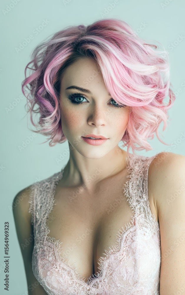 Fototapeta premium Stunning portrait of a woman with pink curly short hair, wearing delicate lace top. Perfect for beauty, fashion, and hair styling projects.