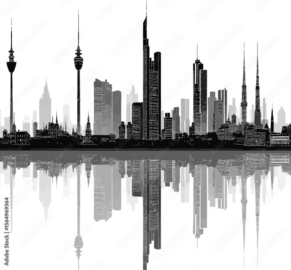 Fototapeta premium A detailed skyline art of Frankfurt, Germany, showcasing its iconic buildings and creating a graphic cityscape with water reflection.