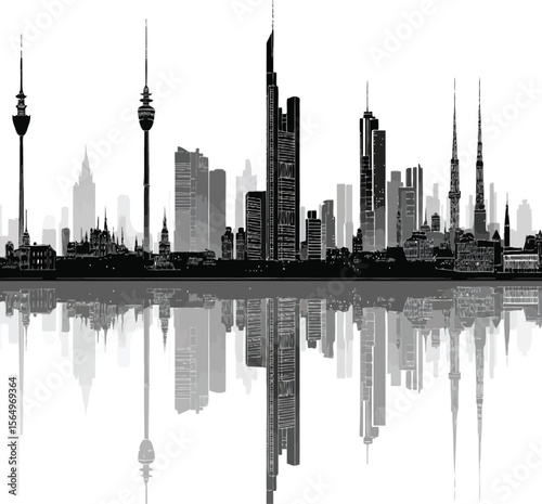 A detailed skyline art of Frankfurt, Germany, showcasing its iconic buildings and creating a graphic cityscape with water reflection.