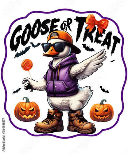 Cool Goose or Treat Halloween PNG – Hip Goose in Hoodie with Sunglasses, Pumpkin Boots, Lollipop, Jack-o’-Lanterns & Bats – Fun Cartoon Clipart for Kids, Crafts, Stickers