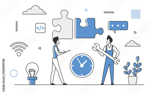 Technical online customer supporting team. Client helpful assistance in software issues vector monocolor illustration