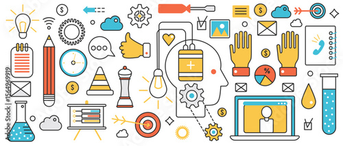 Success strategy, teamwork and business planning technology. Abstract human head with lightbulb, chess and presentation analysis, leadership in infographic concept banner, thin line art design
