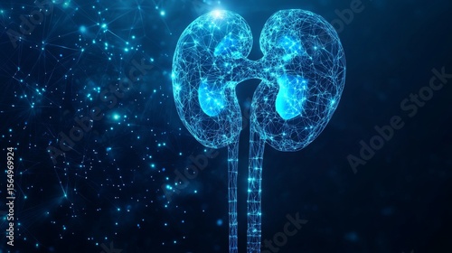 Futuristic digital illustration of human urinary system with glowing polygonal kidneys and bladder on dark background