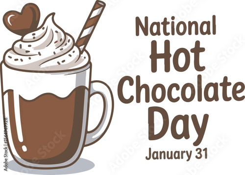 Delicious hot chocolate with whipped cream and chocolate heart wafer stick