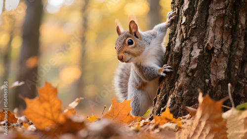 ai generate Autumn Leaves and Woodland Squirrel