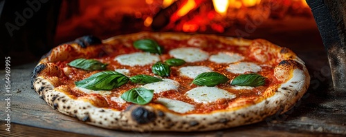 Neapolitan pizza fresh out of the wood-fired oven with basil and mozzarella