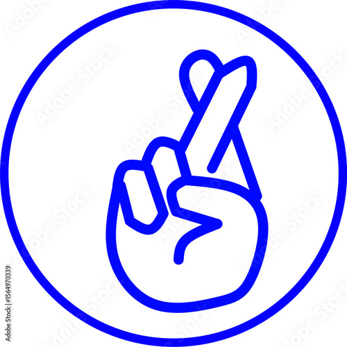 Blue crossed fingers hand gesture icon outlined in a circle on white background, symbolizing hope, luck, good wishes, and optimism in a clean, modern style.