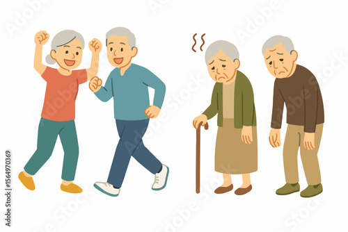 健康的な高齢者とフレイル高齢者の対比イラスト
