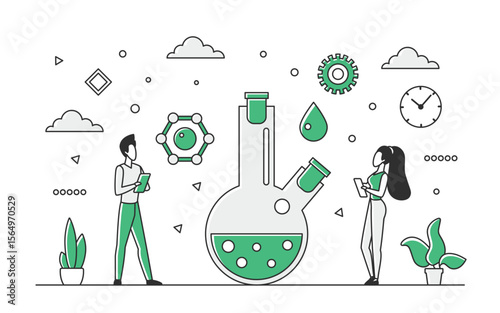 Scientific innovation and science improvement. Laboratory researchers and testing experiments vector monocolor illustration