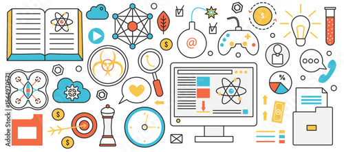 New technology of science research. Abstract equipment for engineering, analysis and explore molecular structures and atoms, physics education in infographic concept banner, thin line art design