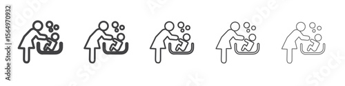 Mother washing baby in bath tub icon Line graphics illustration symbol