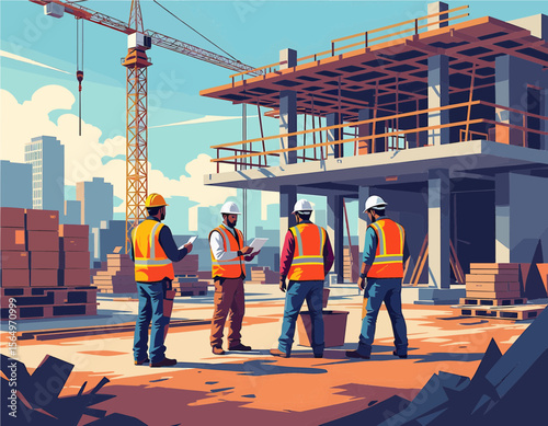 Grupo de tecnicos y obreros en una obra de la construccion
