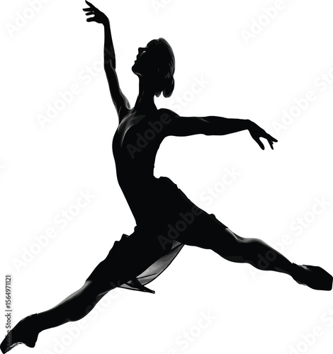 Graceful ballerina silhouette performs an arabesque, poised in a beautiful leap, ideal for dance studio promotions and artistic designs.