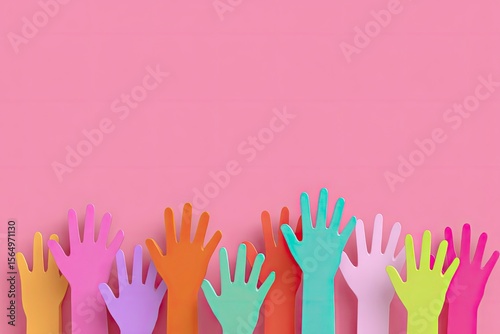 Colorful hands are raised on a pink backdrop creating a vivid and visually engaging scene