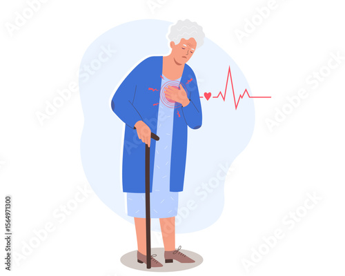 An elderly woman with heart pain holding her chest. Cardiovascular disease concept. Flat vector illustration
