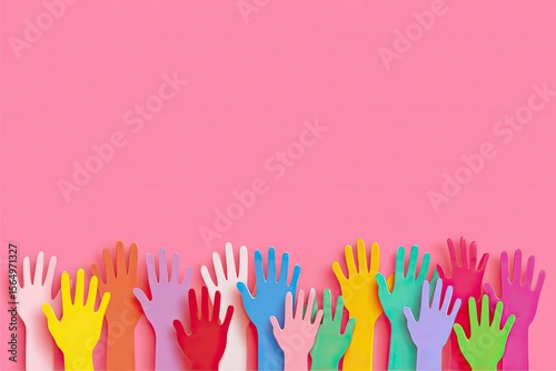 Colorful paper cutout hands reach up against a bright pink background