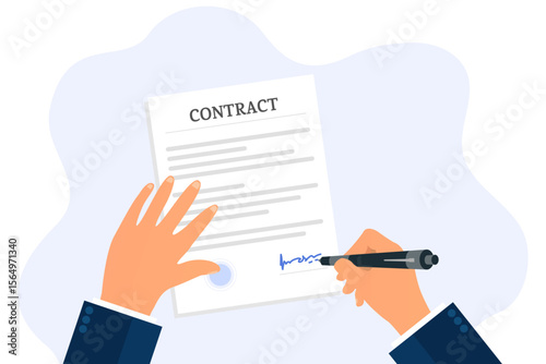 Businessman Signing Contract with Pen and Paper Document. Agreement signature flat illustration