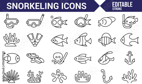 Vector Snorkeling Icons Set for Ocean Sports, Marine Life, and Diving Adventures