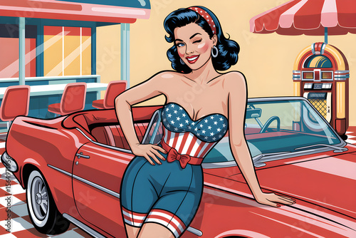 Beautiful woman winking next to classic red convertible car at drive in diner