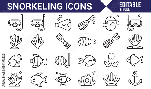 Underwater Adventure Icons Including Snorkel Gear, Coral, and Tropical Fish