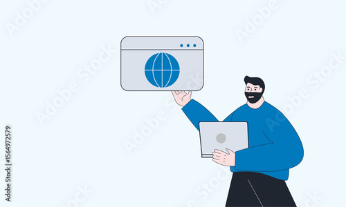digital marketing target market adjustment concept. man with laptop presenting market share dashboard