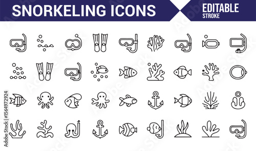 Snorkeling Icons Featuring Diving Masks, Fish, and Marine Life for Aquatic Designs