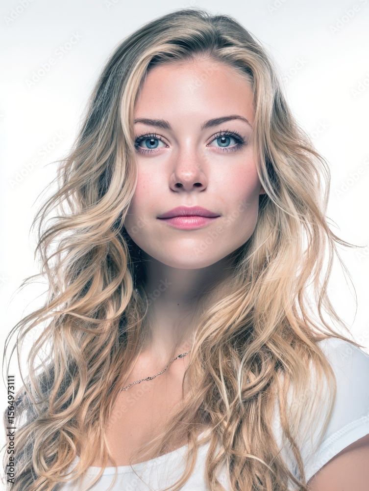 Fototapeta premium Stunning blonde woman portrait. Perfect for beauty, fashion, and haircare. Ideal for websites, magazines, and social media.