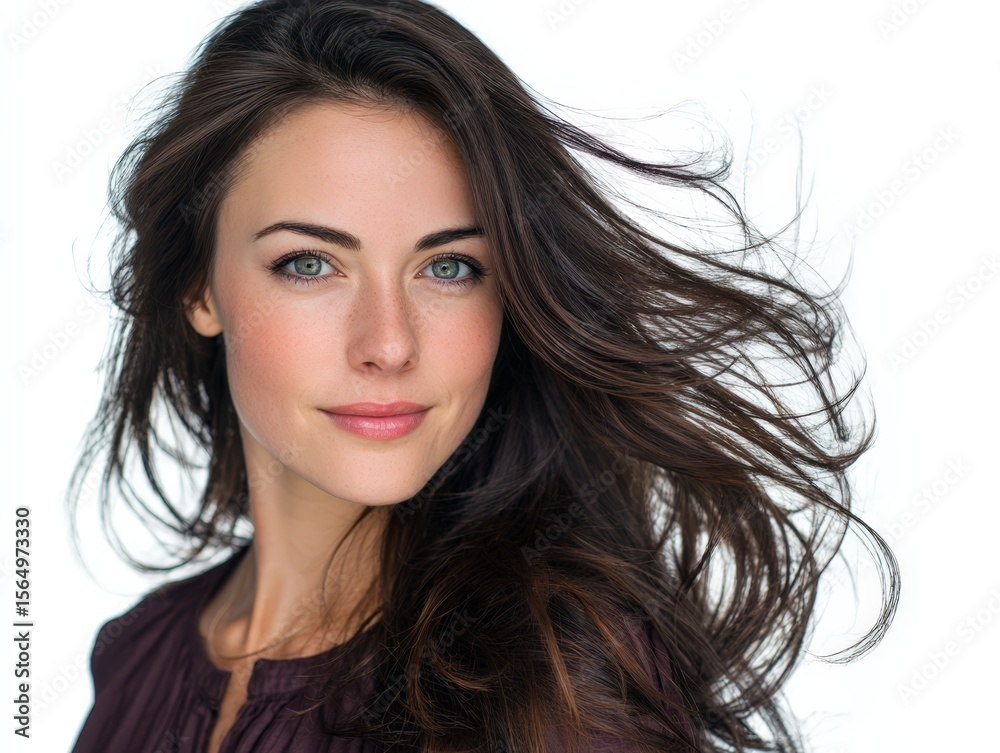 Naklejka premium Beautiful woman portrait, long brown hair, green eyes. Perfect for beauty, fashion, and haircare. Ideal for websites and magazines.