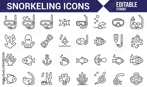 Icons Representing Snorkeling Activities Including Fish, Coral, and Marine Creatures