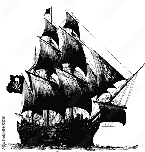 Detailed pirate ship graphic with black sails flying a skull flag, perfect for nautical themes or historical designs with a touch of adventure.