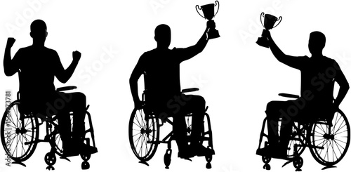 Young man in wheelchair holding winner trophy black silhouette.
